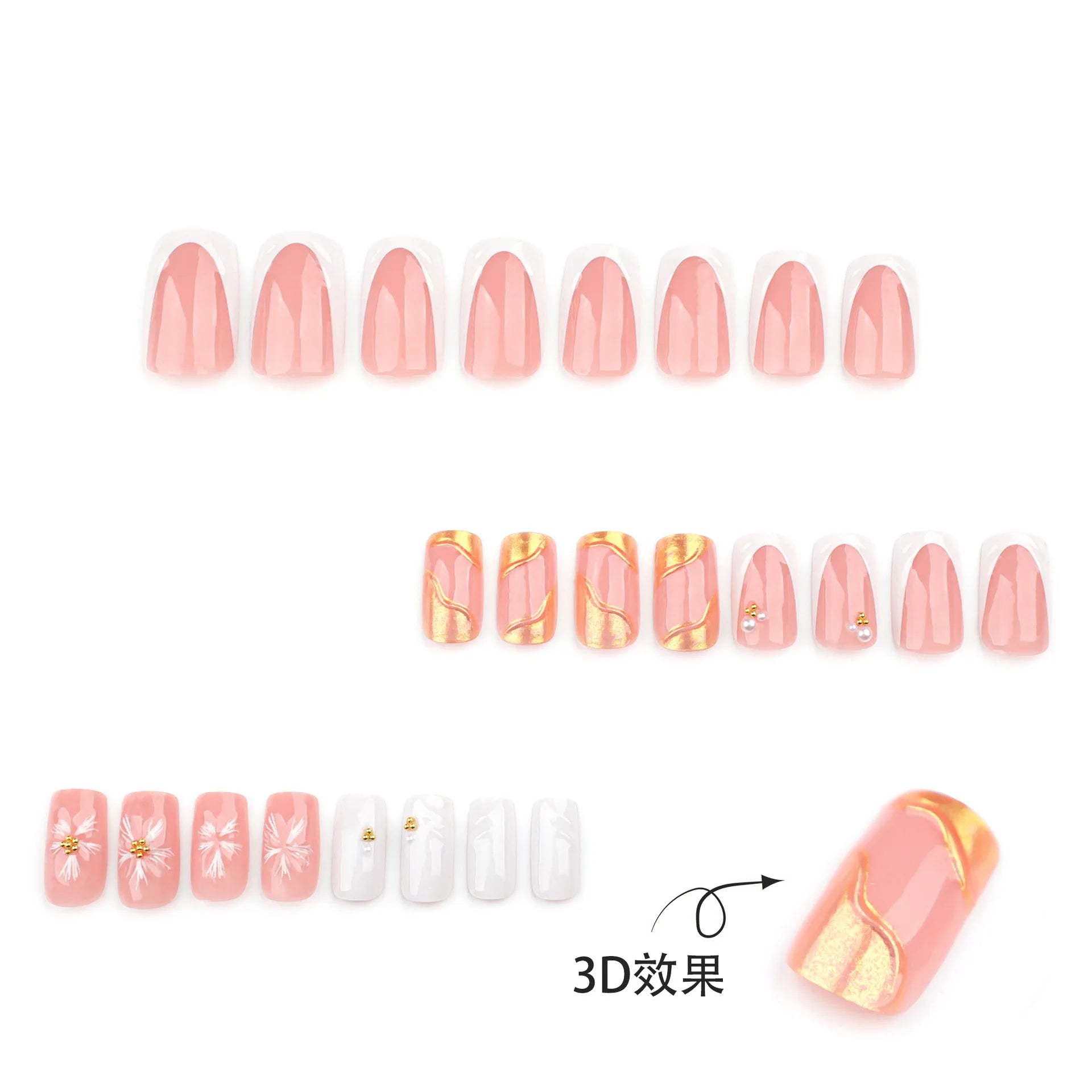24pcs Short French Press on Nails with 3D Flower Design Fake Nail Tips Wearable Full Cover European Coffin Ballet Fake Nails