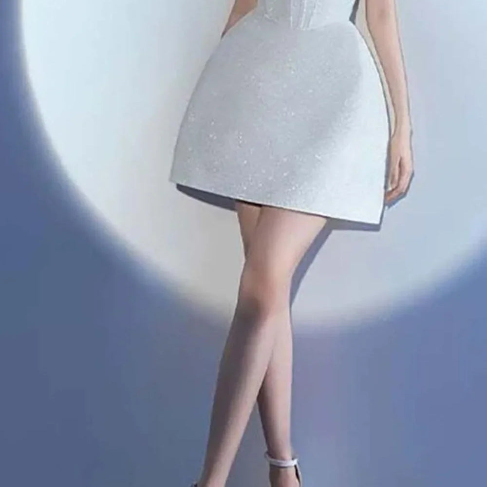 White Color Women Sleeveless Sexy V-Neck A-Line Mini Dress Fashion Birthday Party Celebrate Girls' Vacation Outfit