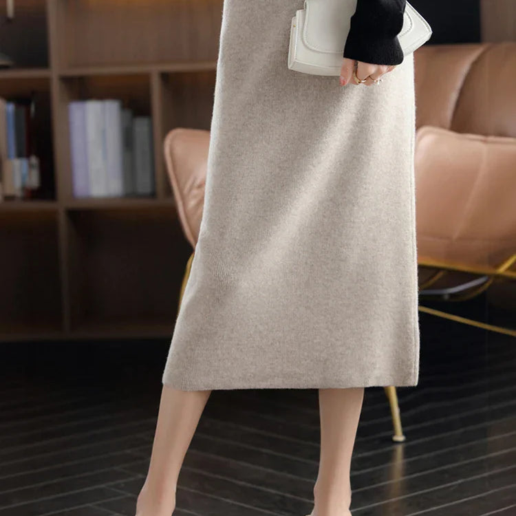 Women's Cashmere Long Knitted Skirts High Waisted Wool Midi Skirt Black Dark Brown Grey Pink Female Bottoms Winter Fashion Y2k Light Tan
