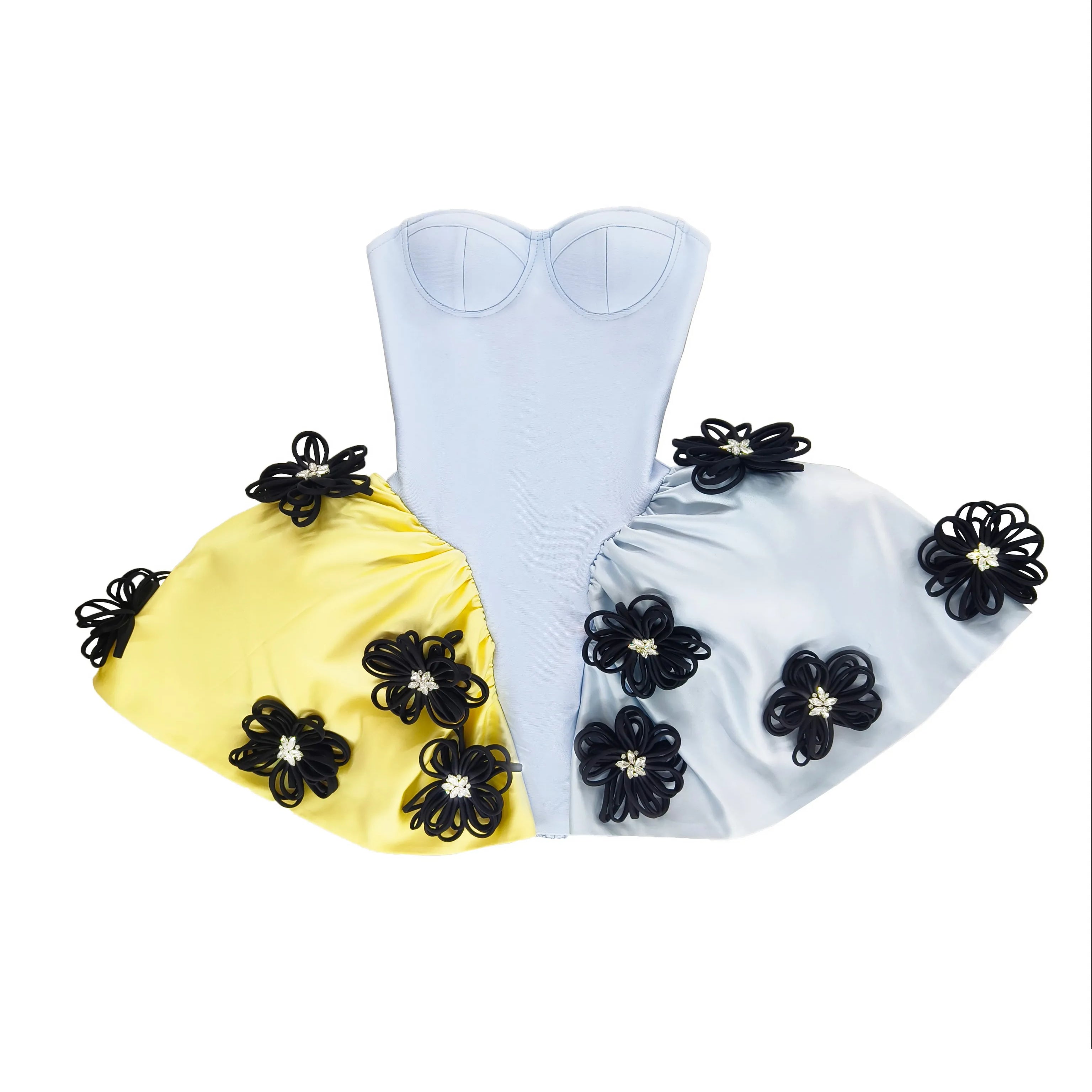 Women Sexy Strapless Florals Ball Gown Mini Bandage Dress Celebrity Red Carpet Evening Party Outfit Vestido