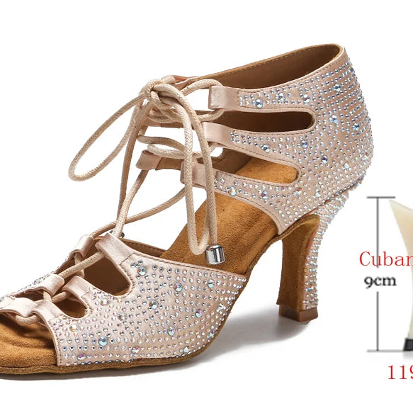 di seta donna scarpe da ballo latino fondo morbido sandali da donna Tango Party Dance Shoes scarpe da sposa con strass skin heel 9CM