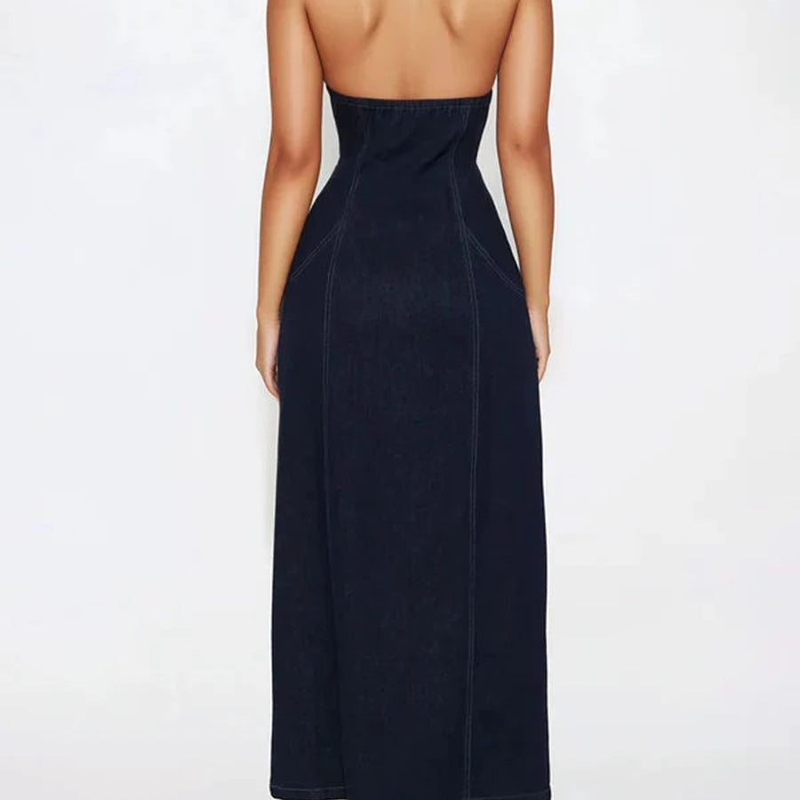 TWOTWINSTYLE Solid Slimming Spliced Zipper Cowboy Dresses for Women Halter Neck Sleeveless Temperament Dress Femlae Fashion New