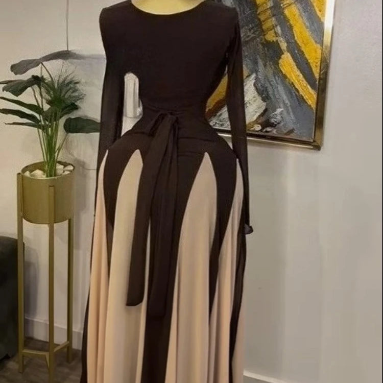 GLCMYAYA Women Long Sleeve Draped Front Midi A-line Patchwork Maxi Long  Dress 2025 Vacation Holiday Party Birthday Dresses