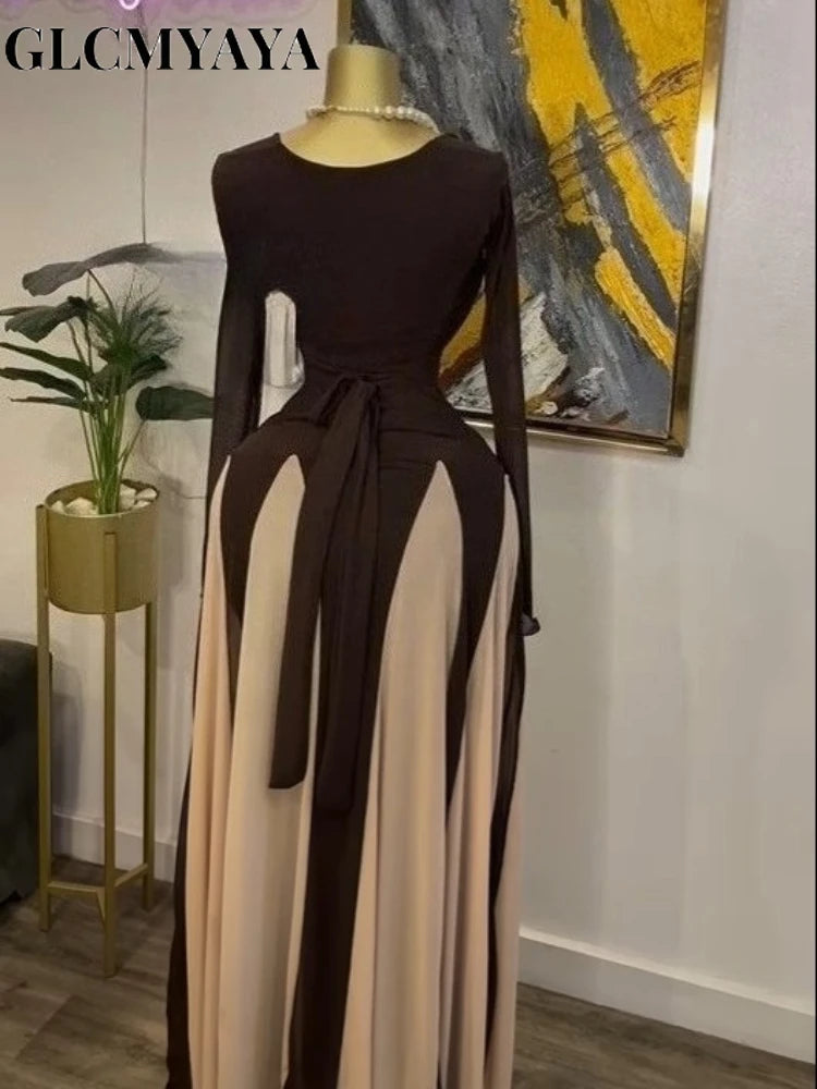 GLCMYAYA Women Long Sleeve Draped Front Midi A-line Patchwork Maxi Long  Dress 2025 Vacation Holiday Party Birthday Dresses