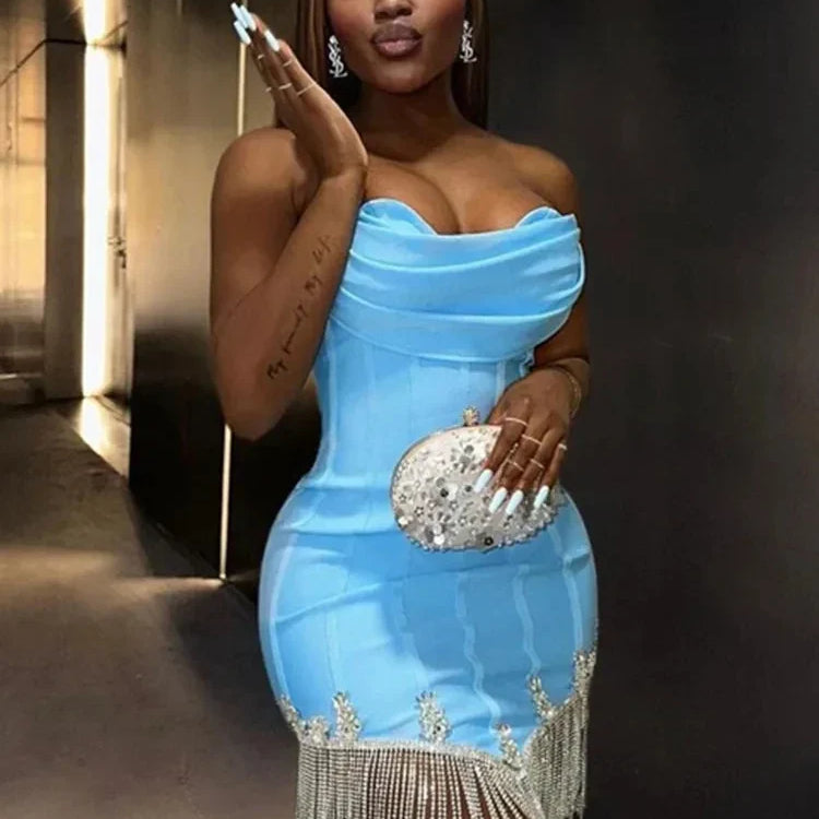 Women Summer Sexy Strapless Diamonds Crystal Black Blue White Mini Bodycon Bandage Dress Elegant Evening Club Party Dresses