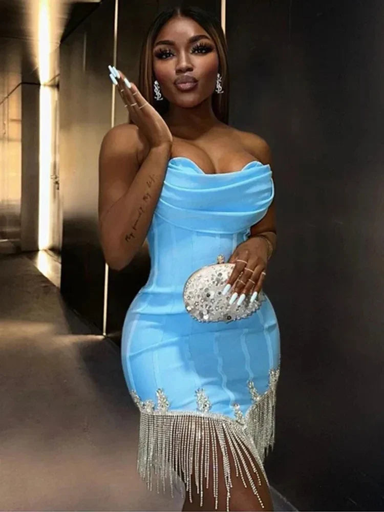 Women Summer Sexy Strapless Diamonds Crystal Black Blue White Mini Bodycon Bandage Dress Elegant Evening Club Party Dresses