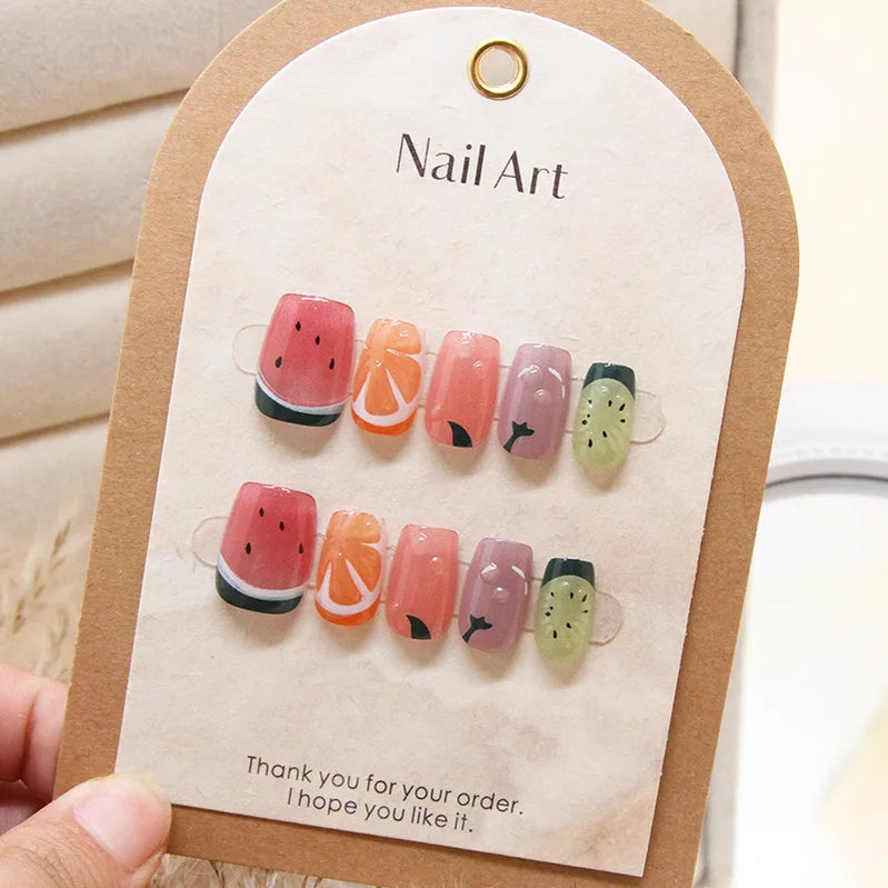 10Pcs Summer Fresh Fruit Pattern Design False Nails Detachable Lovely Short Square Ballet Glossy Full Cover Handmade Nails Art