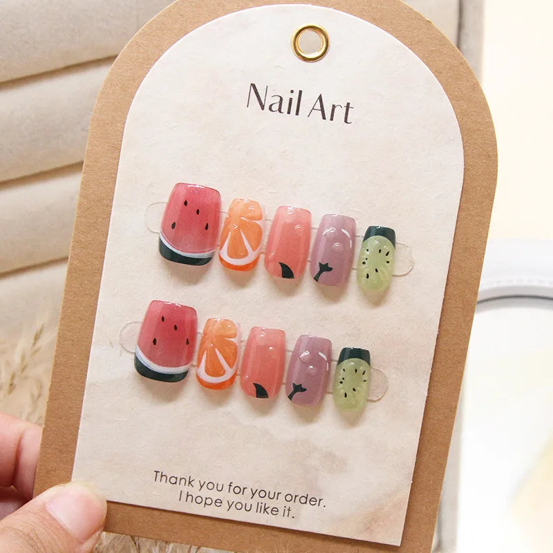 10Pcs Summer Fresh Fruit Pattern Design False Nails Detachable Lovely Short Square Ballet Glossy Full Cover Handmade Nails Art