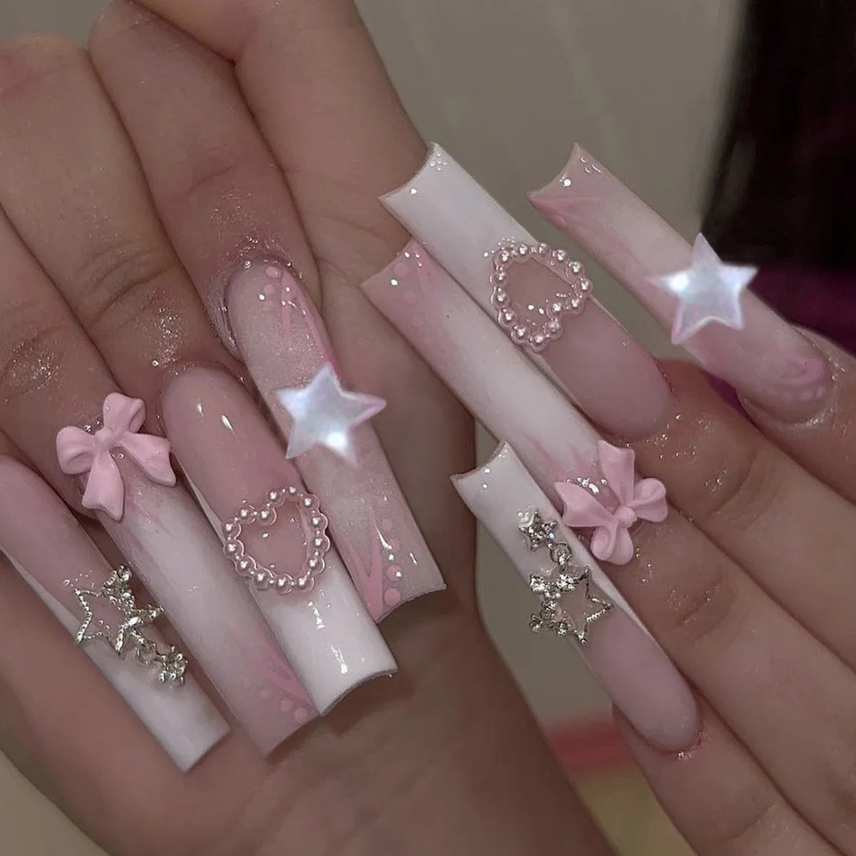24pcs Finished Fake Nails Art Fashion Pink Bow Long Square False Nail Tips with Flower French Press on Nails Set Coffin Manicure
