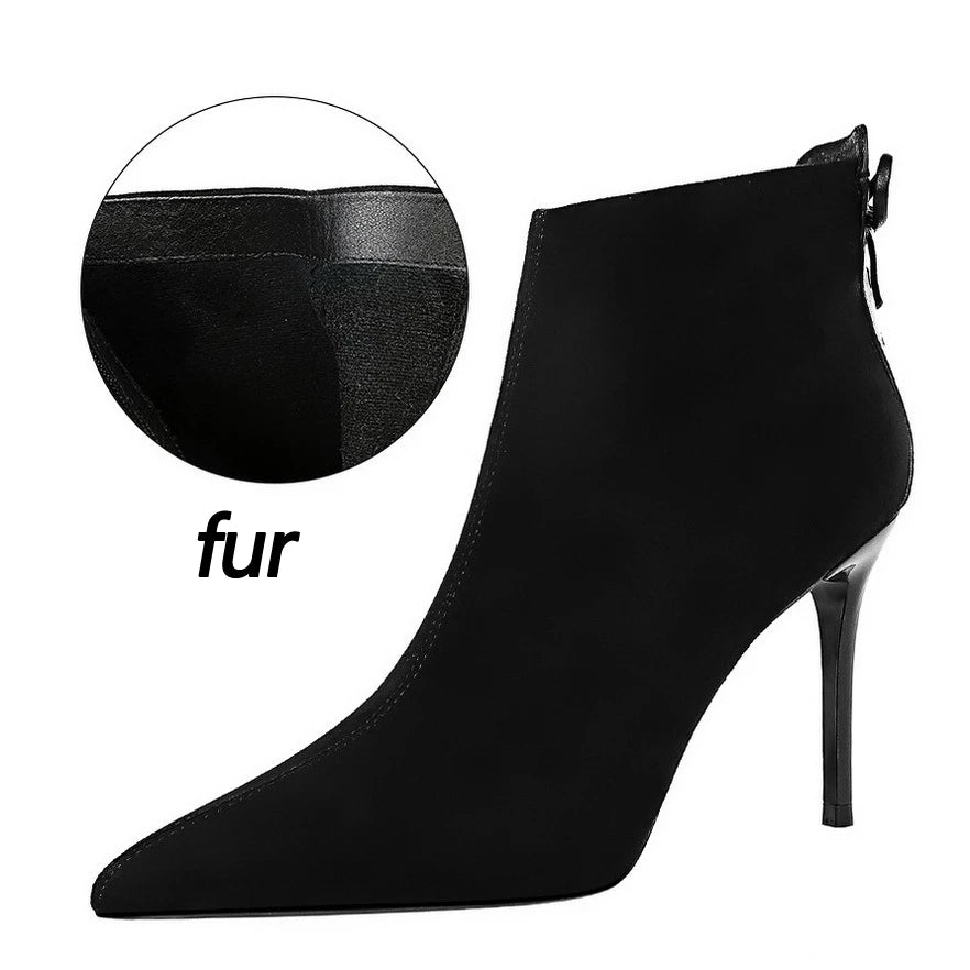 Shoes Suede Women Boots Fashion Women Ankle Boots Pointed Toe High-heel Boots Sexy Black Short Boots Winter Shoes Warm 173-7-blackfur9.5cm