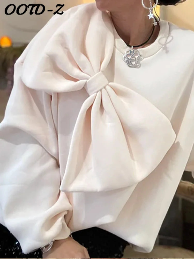 Bow O Neck Women Pullover Long Sleeve Solid Loose Female Tops Spring Fashion Casual All Match Lady Blouses