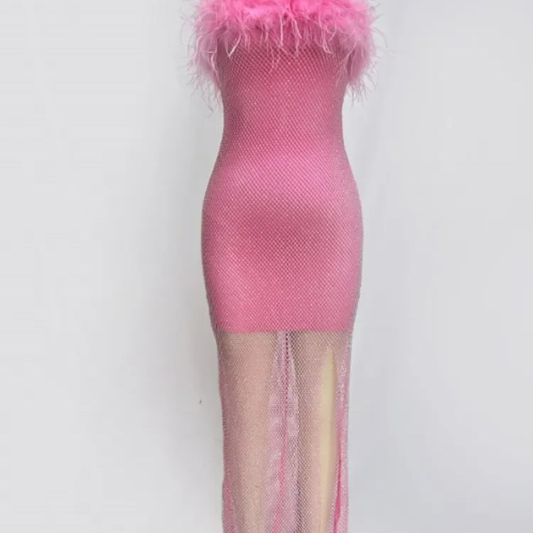 Women Sexy Strapless Ostrich Feathers Pink Crystal  Bodycon Bandage Dress 2024 High Street Shineing Split Party Dress Vestido