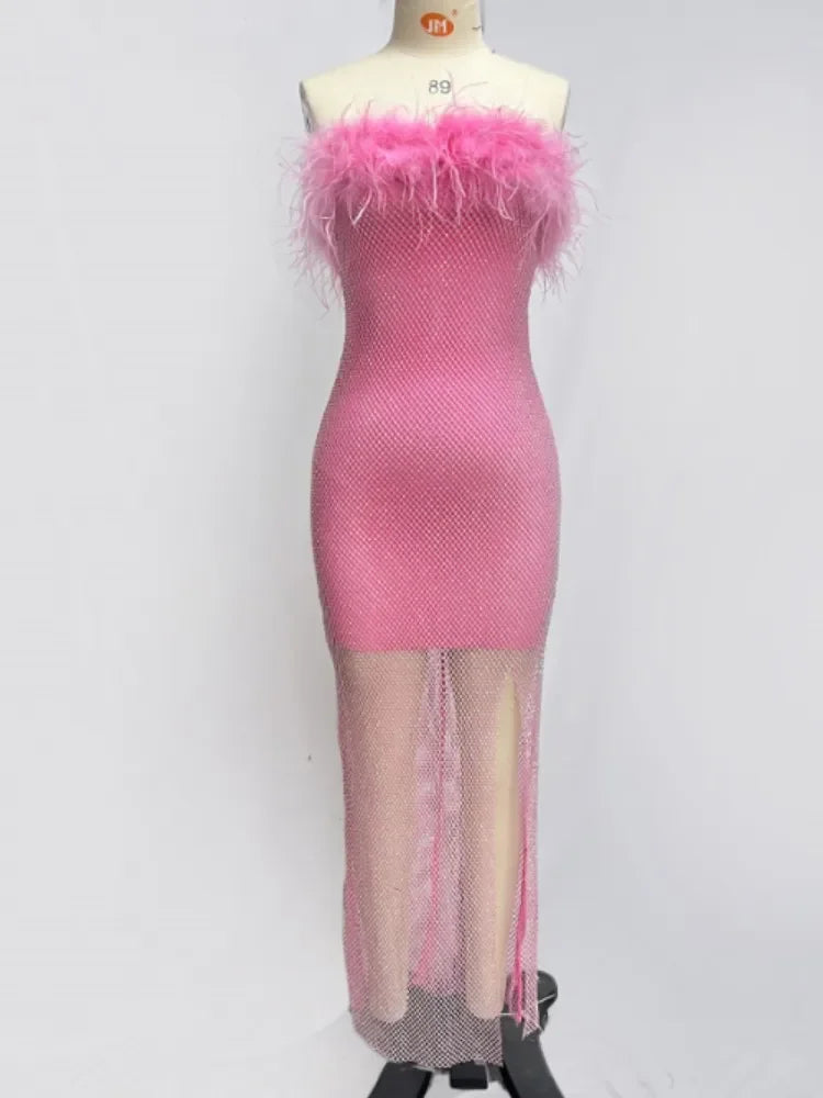 Women Sexy Strapless Ostrich Feathers Pink Crystal  Bodycon Bandage Dress 2024 High Street Shineing Split Party Dress Vestido