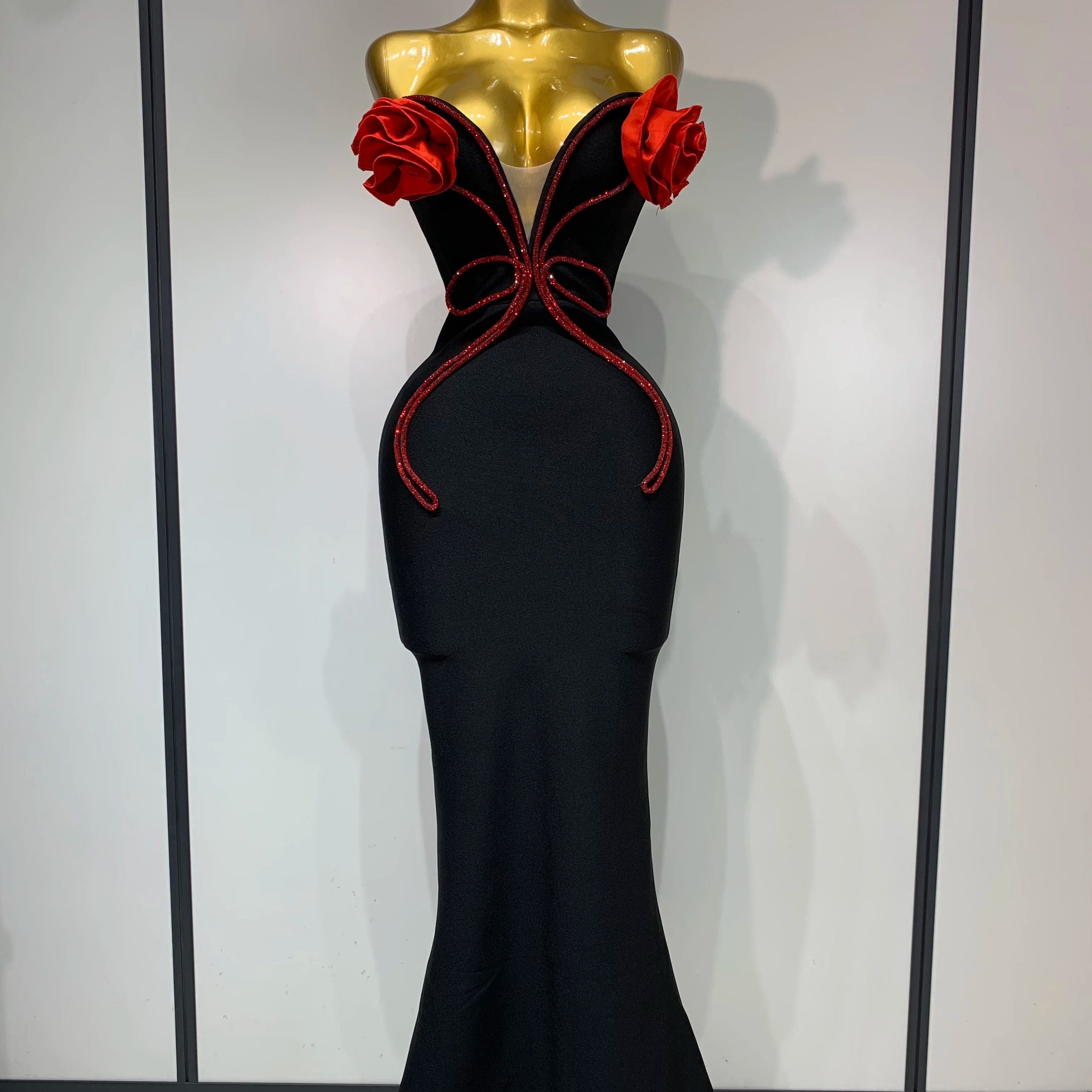 Sexy Strapless Flower Appliques Sexy Diamond Bodycon Bandage Mermaid Dress Celebrity Evening Runway Party Club Birthday Dress