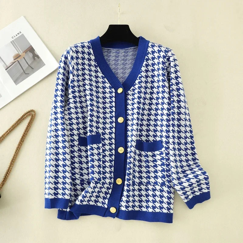 Houndstooth Cardigans Long Sleeve Sweater Women Autumn Winter Clothes Open Stitch Female Outwear Streetwear Knitted Cardigan blue One Size