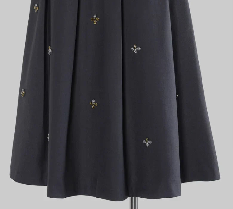 Spring Women French Style Luxury Rhinestone Beading Lady High Quality Solid Long Pleated Skirt