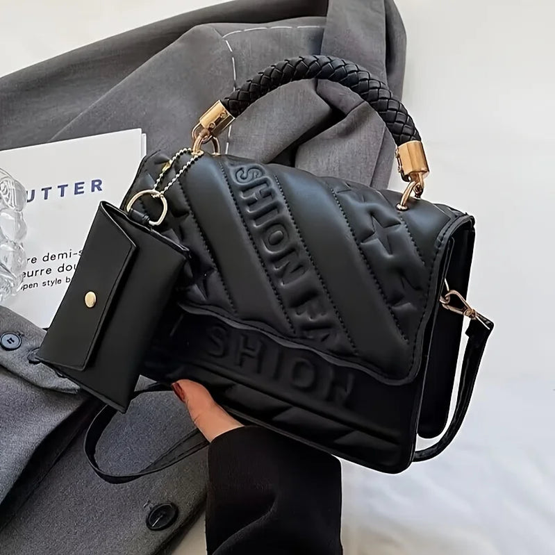 1pc Trendy Quilted Handbag with Adjustable Strap, Stylish Black Shoulder Purse for Women with Mini Coin Pouch, Crossbody Purse
