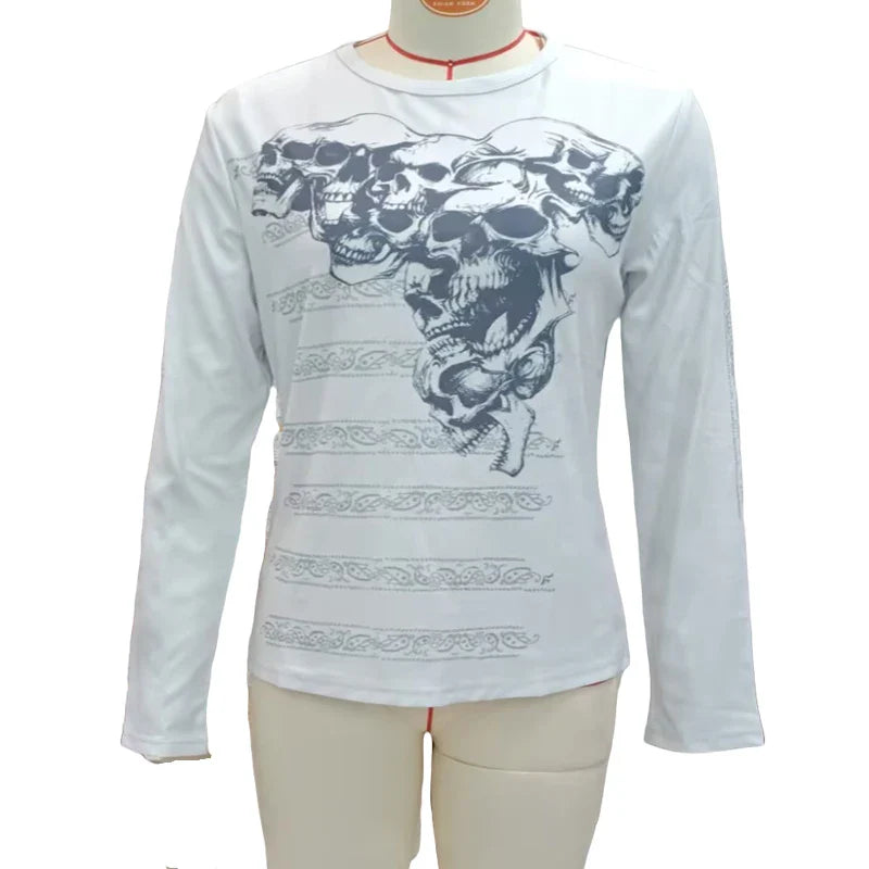 Women Y2k Cottage Long Sleeve Pullovers Shirts Vintage Gothic Skull Print Tees Top Aesthetic Grunge Fairy T Shirt Emo Clothes