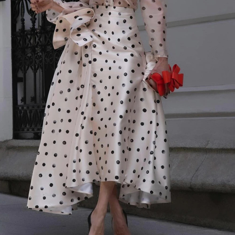 TWOTWINSTYLE Hit Color Sheer Spliced Wave Point Two Piece Sets for Women Round Neck Long Sleeves Top High Waist Skirt Set Female