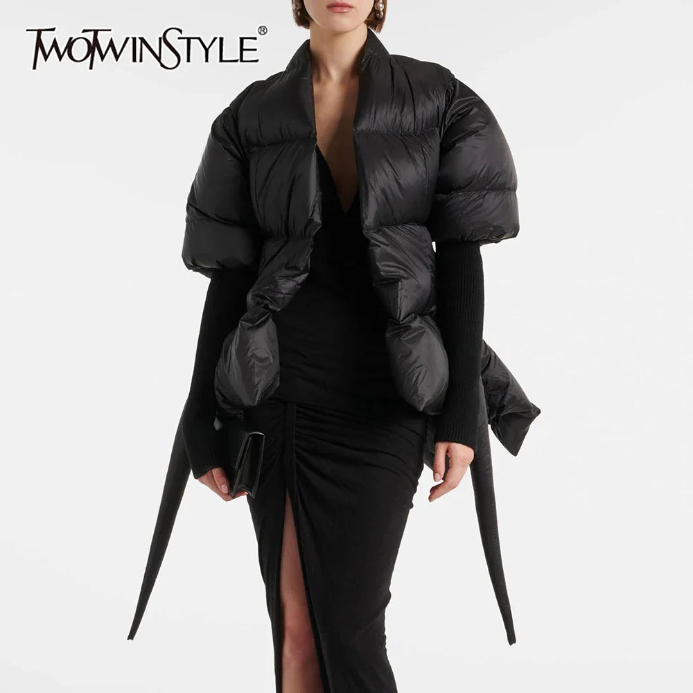 Solid Temperament Spliced Lace Up Coat for Women V Neck Long Sleeves Tunic Warm Cotton Coats Female Clothing New