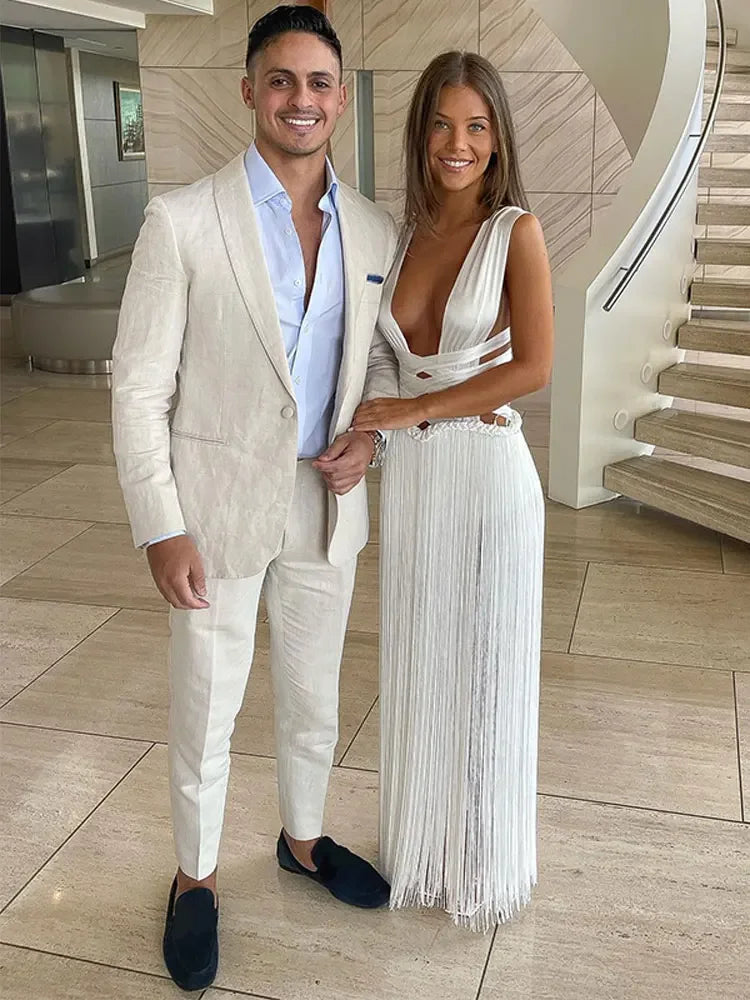 White Bandage Tassel Patchwork Hem Long Dress Women Sexy Off Shoulder Sleeveless Backless Dresses Lady Beach Party Robes