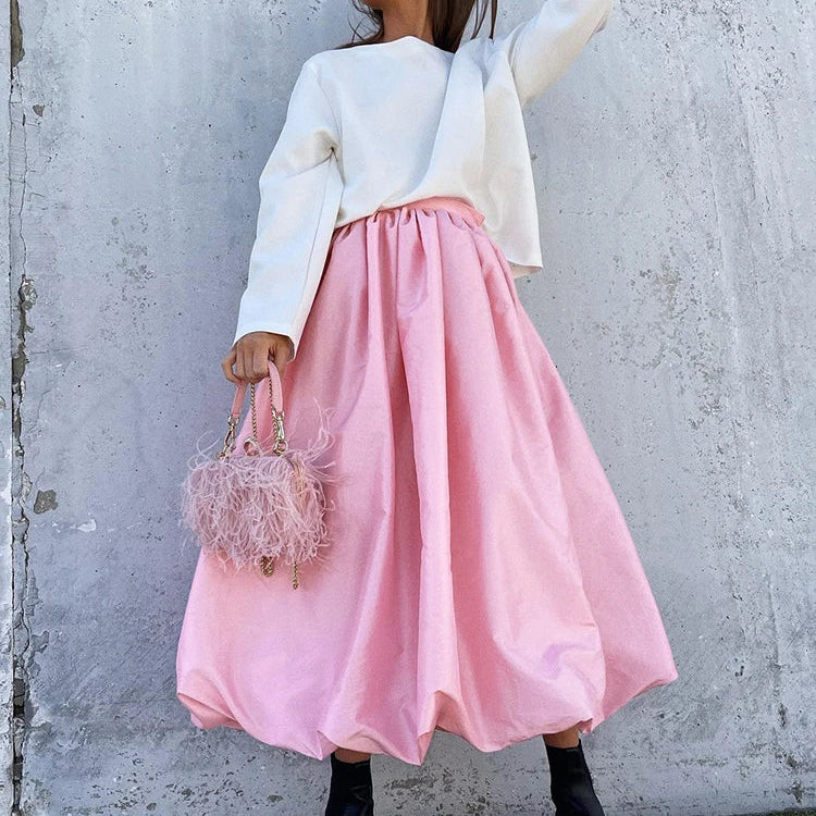 Mnealways18 Elegant Women White Ball Gown Skirts Chic Women Party High Waist Midi Skirts Spring Pleated Long Skirts Female