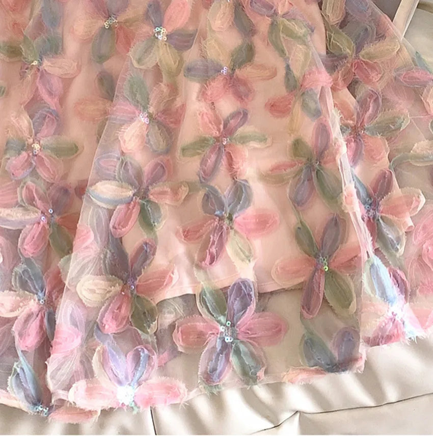 Elegant Sweet Spring Pink Mesh Party Long Dress Women Ruffled Collar Embroidery Flowers Beaded Tassel Short Sleeve Party Clothes