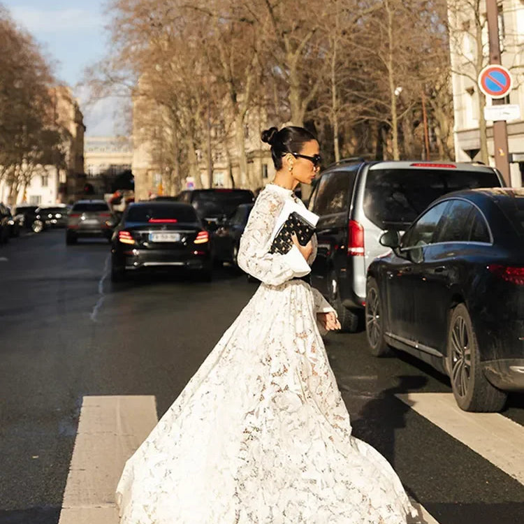 Spring Solid Lace Hollow Out Maxi Dress Women Fashion Lapel Long Sleeves Slim Dresses Elegant Female Party Club Robes