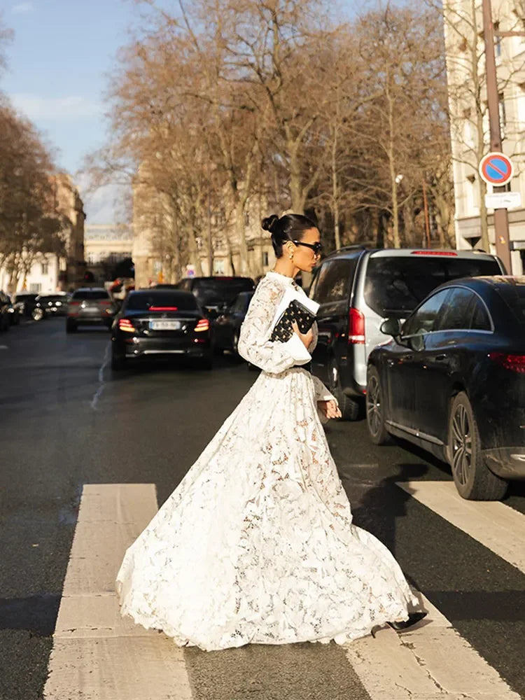 Spring Solid Lace Hollow Out Maxi Dress Women Fashion Lapel Long Sleeves Slim Dresses Elegant Female Party Club Robes