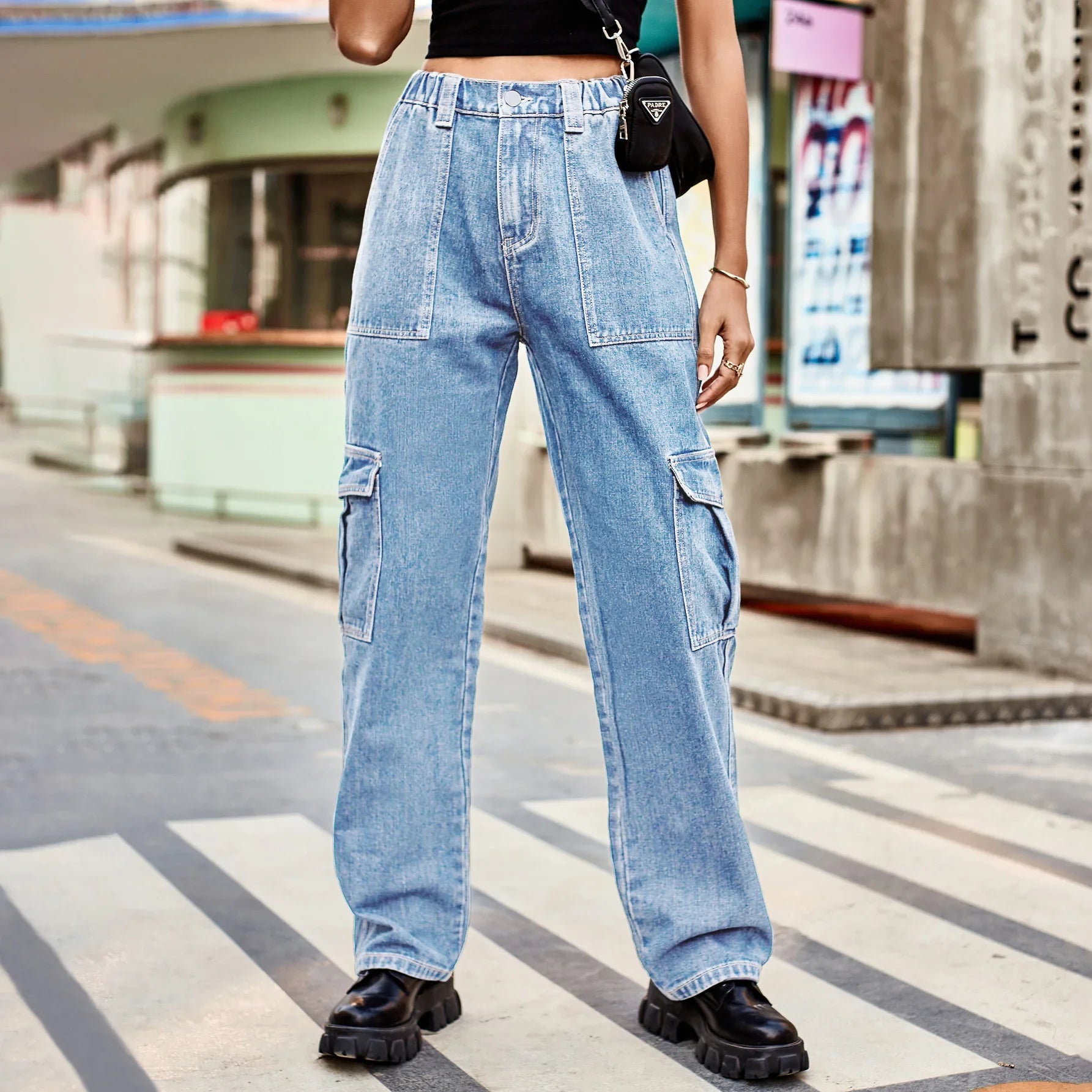 Women's trend cargo pants women New denim with semi elastic design personalized and versatile workwear pants pocket light blue