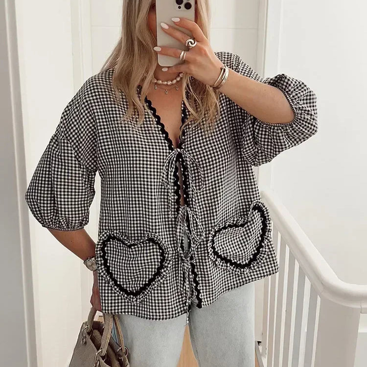 Fashion Plaid Ruffle Lace Up Shirt Women Sweet V Neck Half Puff Sleeve Heart Shaped Pocket Tops Female Loose Lady Street Blouse Black