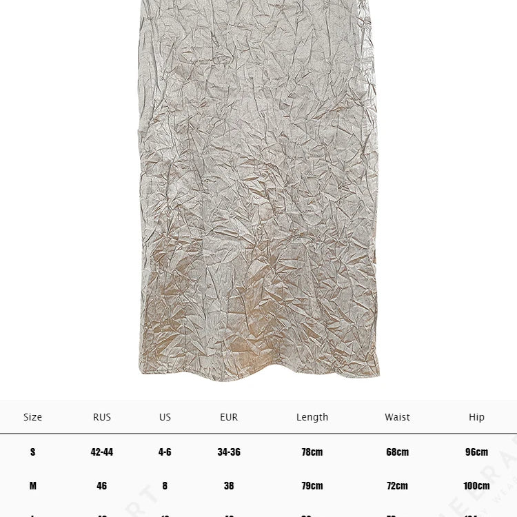 Texture Long Silver Skirt For Women 2024 Summer Metallic High Fashion A Line Glitter Slit Midi Skirt Designer Clothes