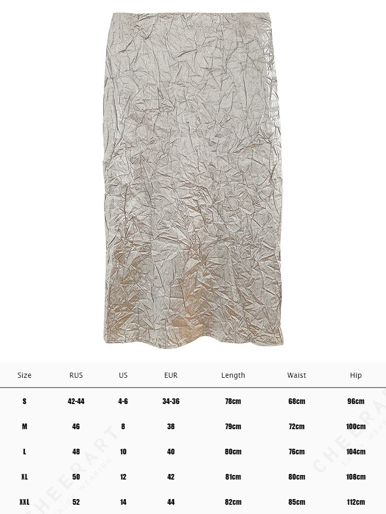 Texture Long Silver Skirt For Women 2024 Summer Metallic High Fashion A Line Glitter Slit Midi Skirt Designer Clothes