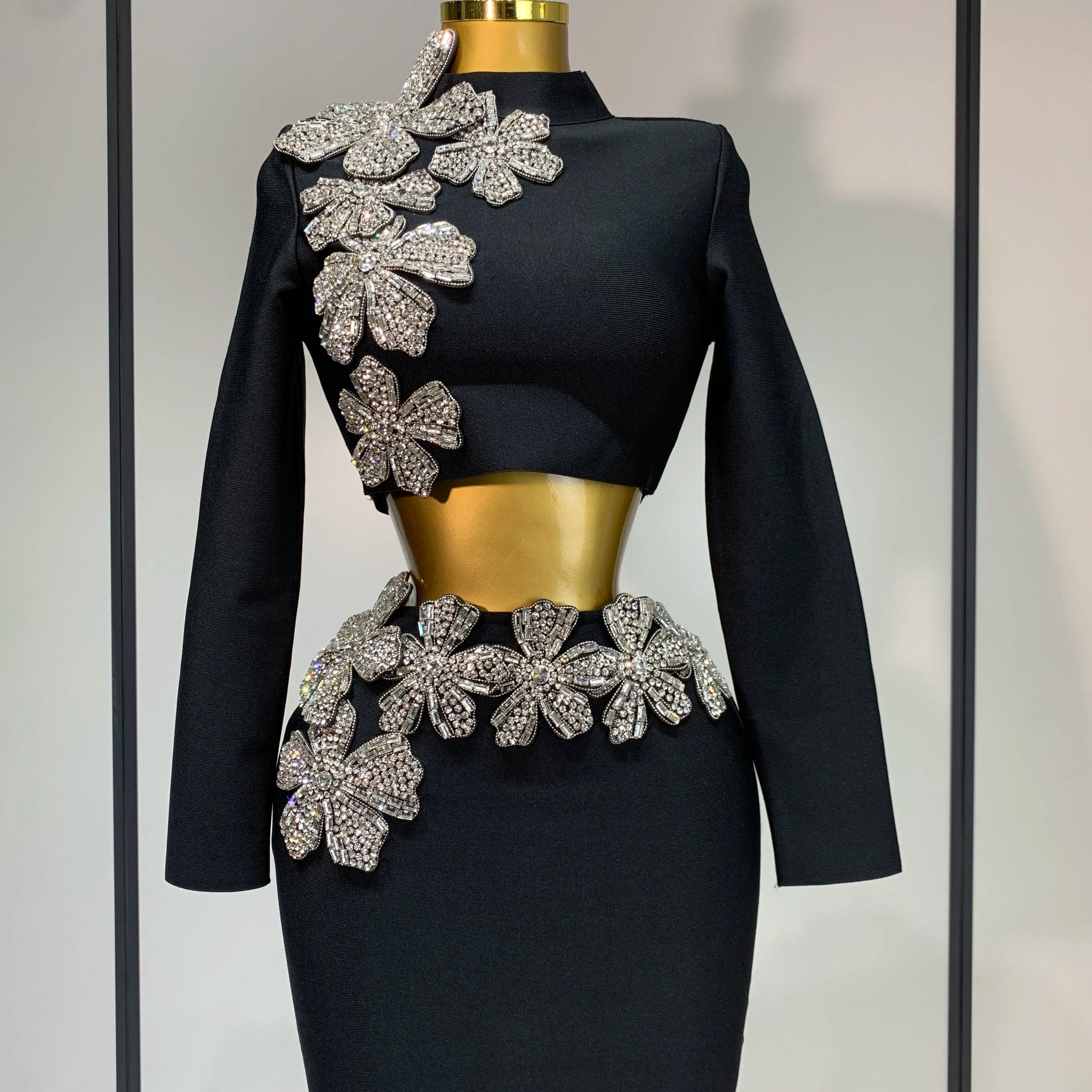 Women Long Sleeves Bandage Two Piece Sets Turtleneck Shiny Diamonds Flower Top Bodycon Mini Skirts Suits Evening Club Party Set