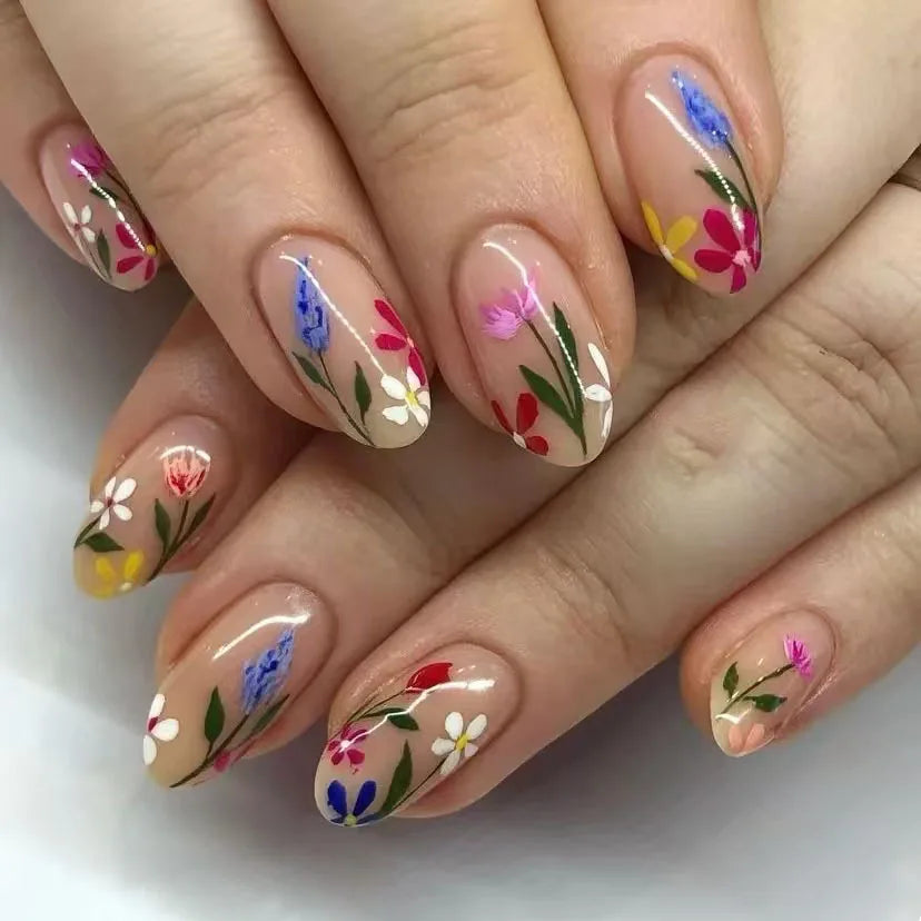 24Pcs Press on False Nails Simple Garden Fresh Flowers Design Sweet Fake Nails Tips Art Wearable Almond Stiletto Oval Manicure