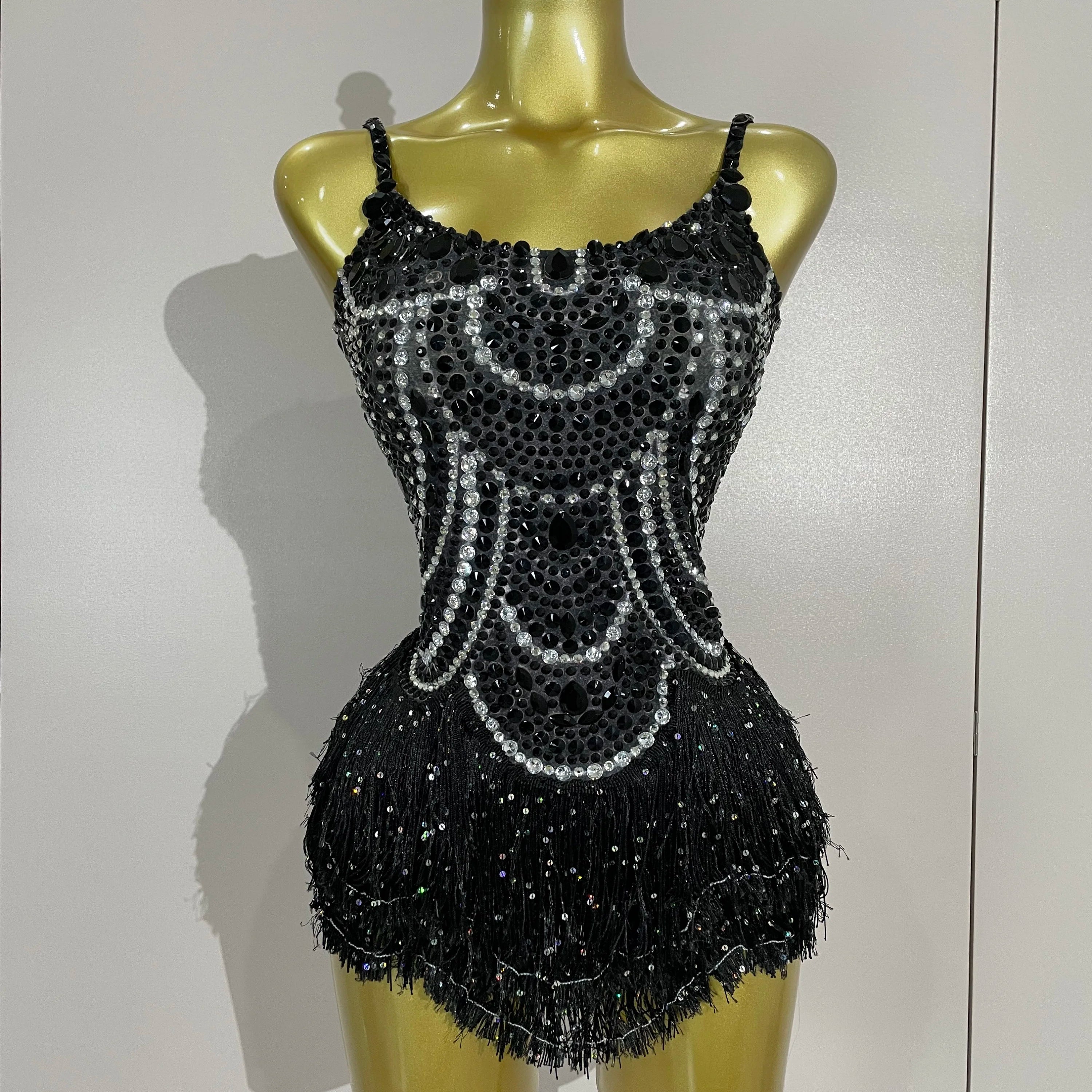 Sparkly Silver Rhinestones Pearl Tassels Bodysuit 2025 New Women Sexy Eveing Birthday Party Nightclub Stage Performance Costume