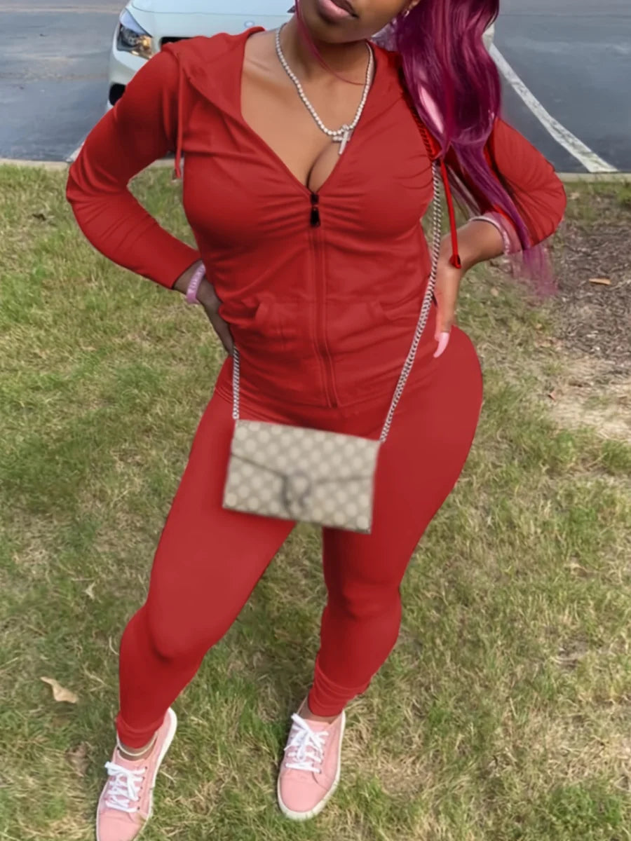 LW Plus Size Autumn Womens Kangaroo Long Sleeve Casual Tracksuit Set  Hooded Collar Pocket Design Two Piece Pants Set Outifits