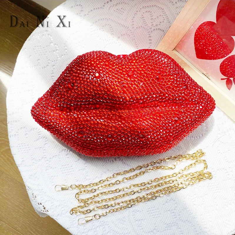 Female Luxury Red Sexy Full Diamond Lips Shape Crystal Evening Bags Woman Clutches Wedding Evening Purse For Ladies