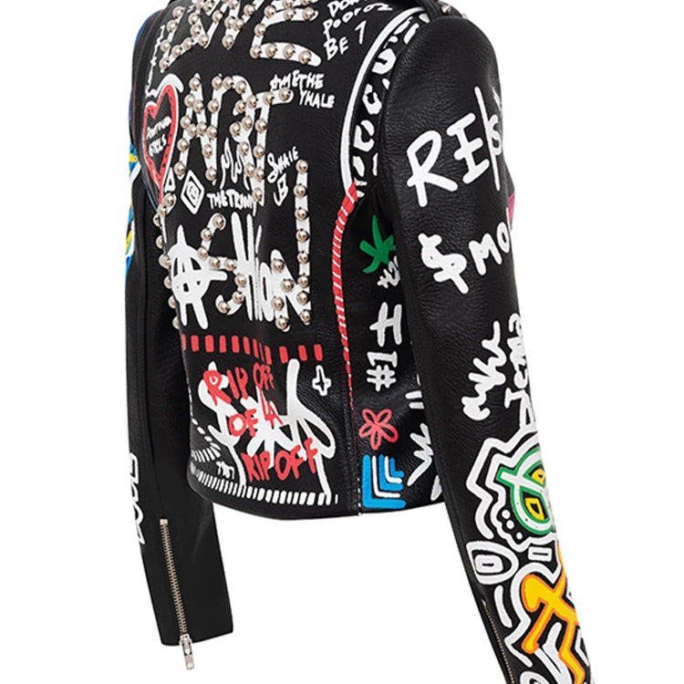 Fashion Brand Coat PU Leather Jacket Women Leopard Print Graffiti Rivets Punk Coats Slim Locomotive Cropped Jacket Leather Top