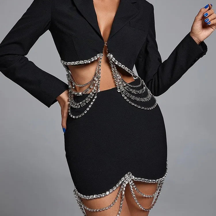 KBQ Luxury Spliced Diamonds Chain Skirt For Women High Waist Irregular Hem Mini Bodycon Skirts Female Fashion Summer Clothing