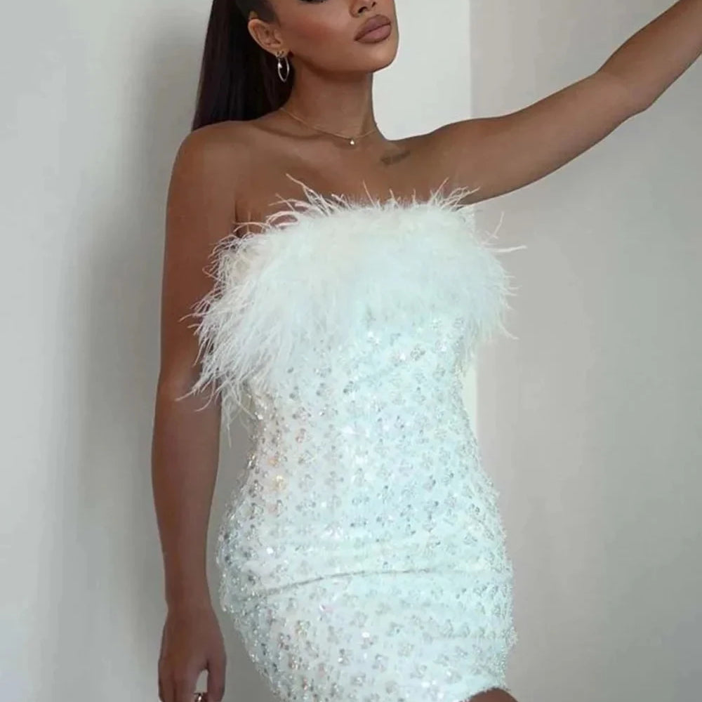 2024 New Summer White Color Women Sexy Sttrapless Bodycon Mini Dress Feathers Rhinestones Celebrate Birthday Girls' Cute Dress