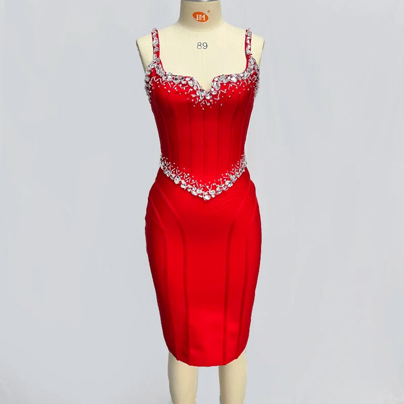 Vestido curto bandage preto vermelho feminino, sem mangas, sexy, com decote em V, colado ao corpo, cristal, comemoração, boate, festa, aniversário