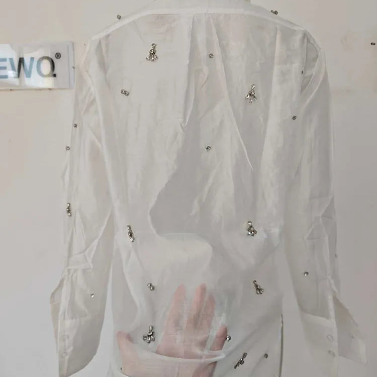 [EWQ] Rhinestone Decoration White Shirt Women Single Breasted Long Sleeve Perspective Office Lady Blusas 2023 Autumn Winter Top