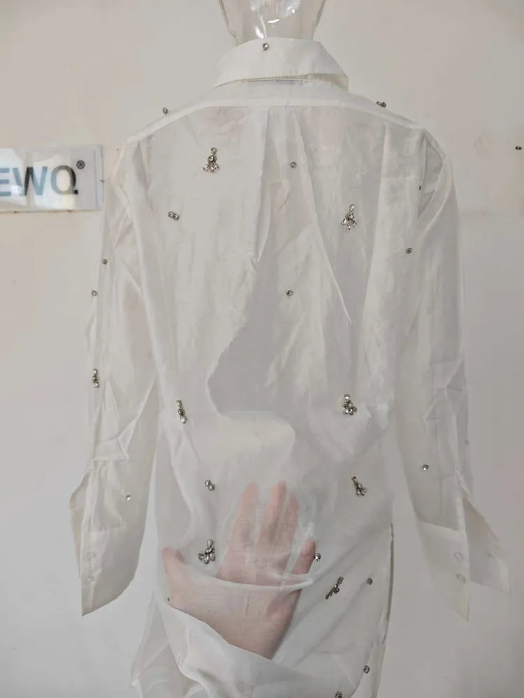 [EWQ] Rhinestone Decoration White Shirt Women Single Breasted Long Sleeve Perspective Office Lady Blusas 2023 Autumn Winter Top