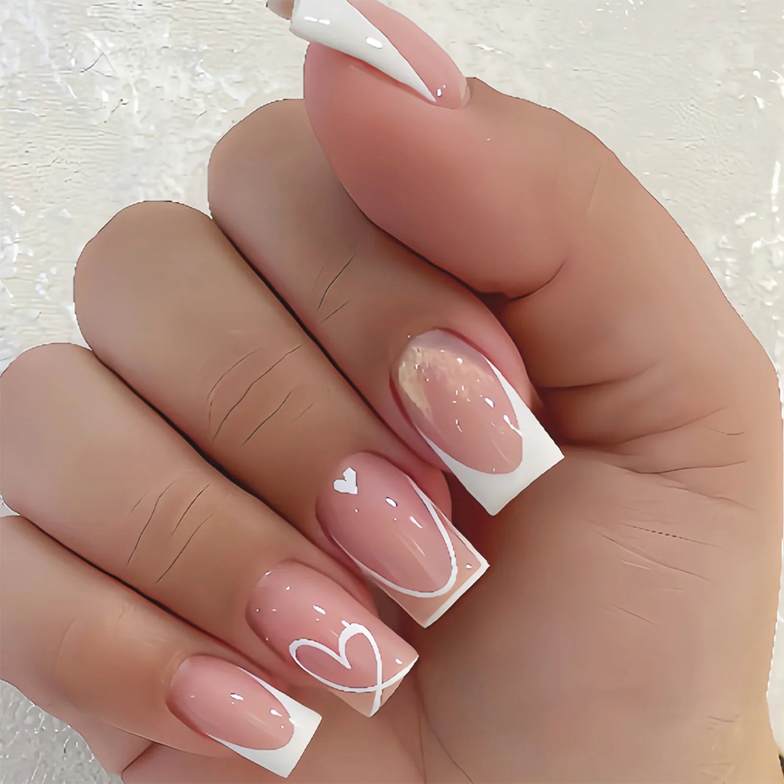Minimalist Nude Color Fake Nails 24Pcs White French Press On Nail Love Heart Printed Women Valentine's Day/Dating Charm Manicure
