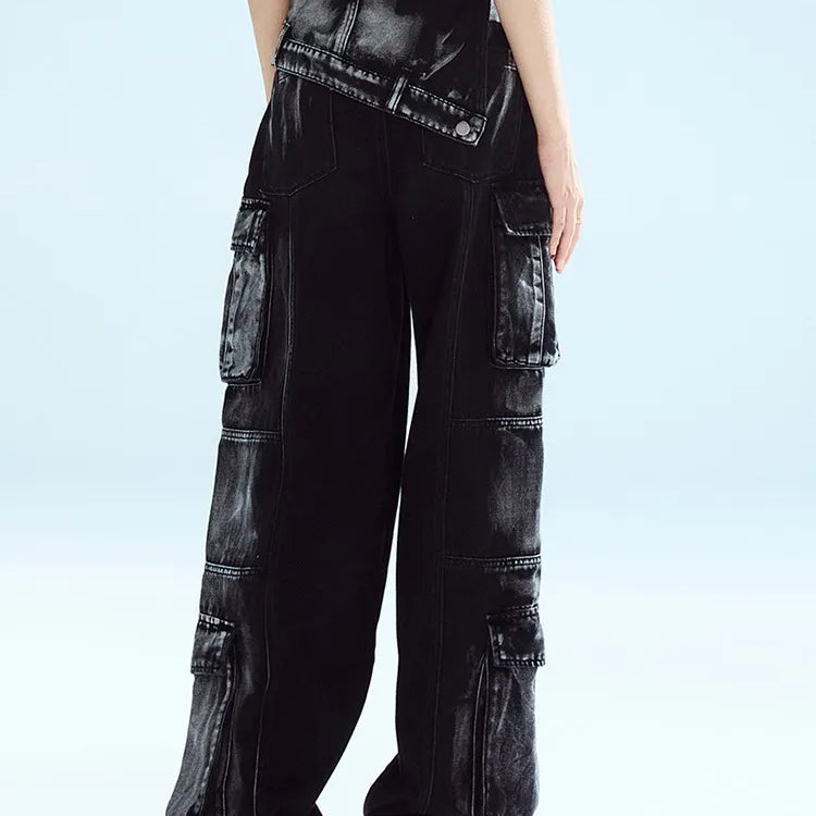 BPN Black Gothice Cargo Jeans For Women High Waist Patchwork Pockets Y2K Vintage Wide Leg Denim Pants Female Fashion Clothing