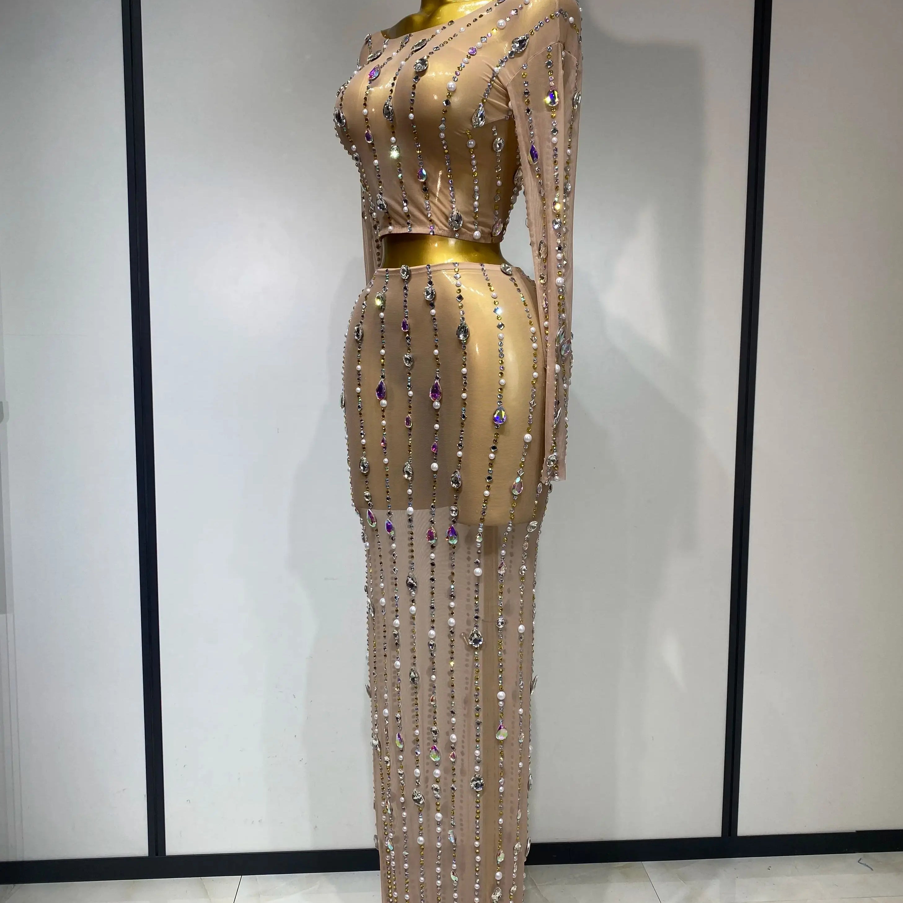 Women Sparkly Rhinestones Top Long Skirt Two Pieces Set Singer Dancer Nightclub Stage Performance Costume Luxury Birthday Dress