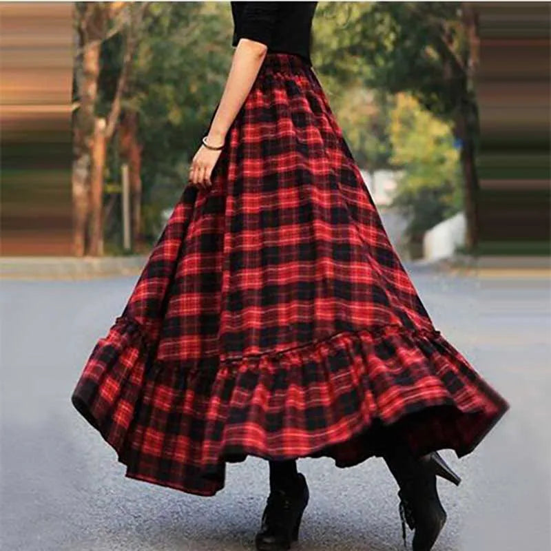 Fashion Loose Shirring Bandage Spliced Ruffles Plaid Skirts Women's Clothing Spring New Oversized All-match Long Skirts