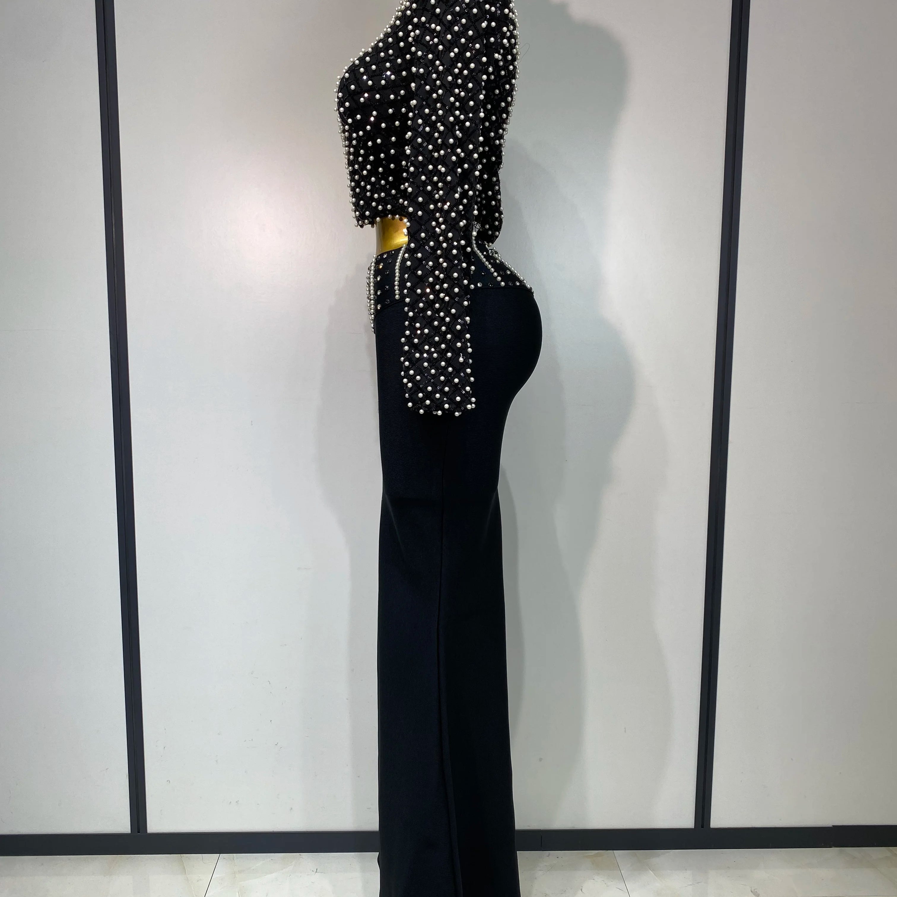 Women Long Sleeve Black Mesh Studded Dianonds Crystal Pearl Two Pieces Bandage Set Celebrity Sexy Evening Party Birthday Gown