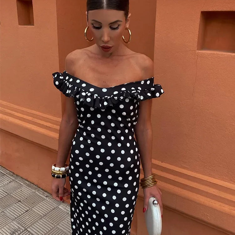 Elegant Polka Dot Print Ruffles Maxi Dress Women Fashion Strapless Slash Neck Backless Vestidos Lady Party Club Sexy Robes